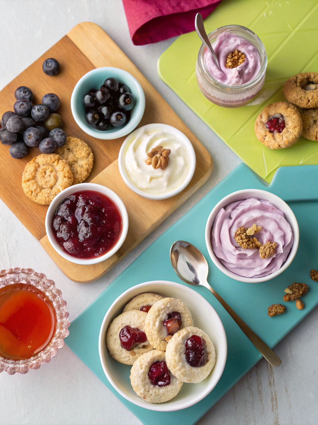 Fresh grape jelly in small bowls served with cookies and greek yogurt.