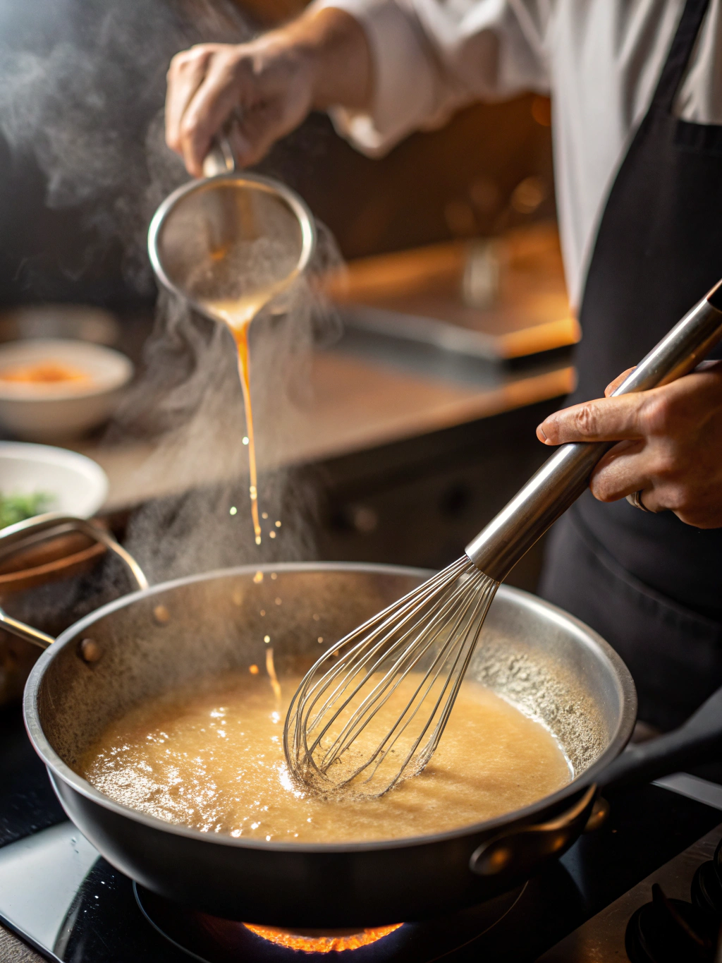 Chef straining homemade gravy.