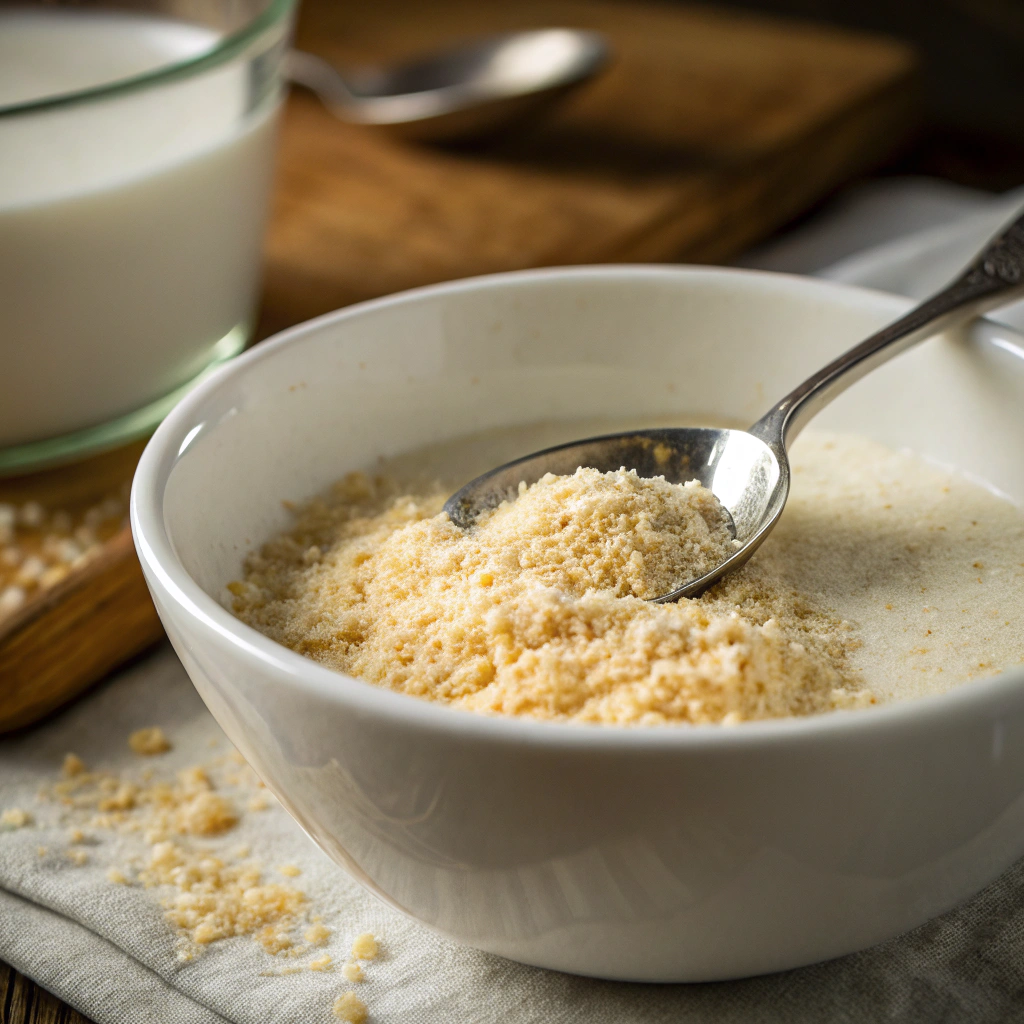 Preparing panade. Soaking breadcrumbs in milk, ingredients for fluffy turkey meatballs.